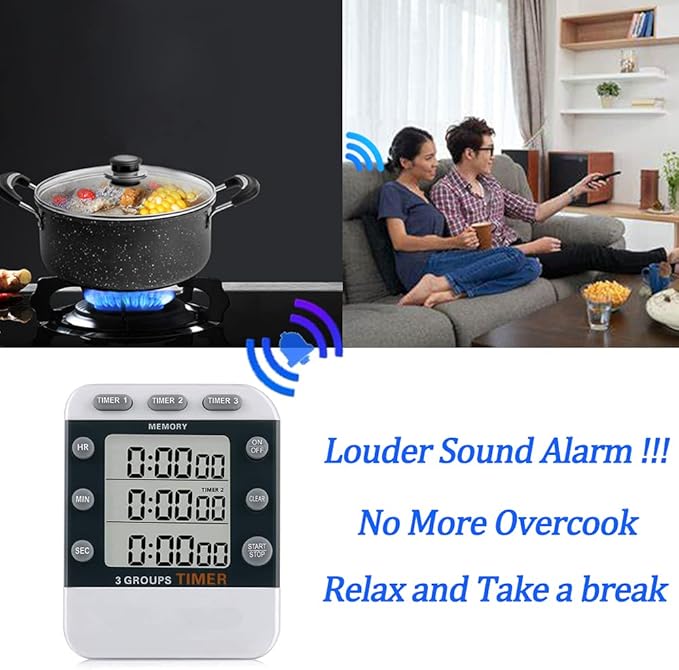 Digital Dual Kitchen Timer for Cooking, 3 Channels Count Down/up Triple Multi Timers for Food, Magnetic Memory-Preset Large-Display Adjustable Alarm Volume, 3A Battery Included - Image 6
