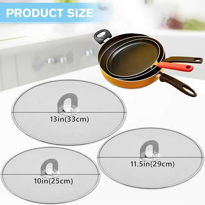 Splatter Screen for Cooking - Stainless Steel Grease Splatter Guard for Frying Pan with Foldable Knob, As a Strainer Set of 3(10", 11.5", 13"), Dishwasher Safe - Image 3