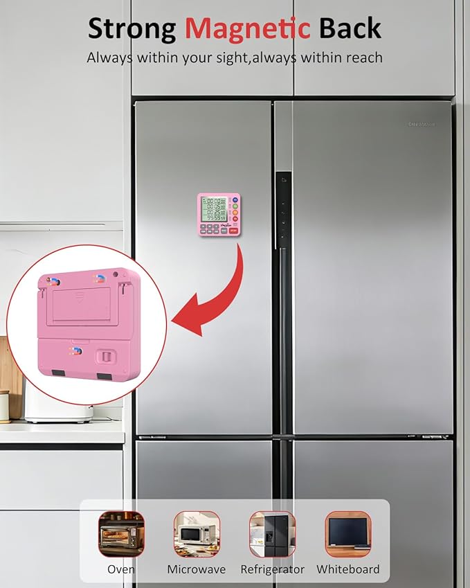 Digital Kitchen Timer for Cooking - 4 Channel Count Up Countdown Timer with Loud Alarm and Silent Mode, Large Display, Magnetic Back, Auto Memory for Classroom Study Gym, Battery Included (Pink) - Image 4