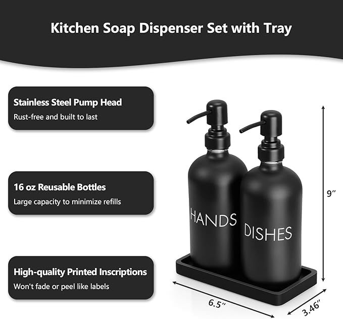 Black Dish and Hand Soap Dispenser Set - Glass Kitchen Soap Dispenser with Tray and Stainless Steel Pump - for Black Kitchen Decor and Accessories