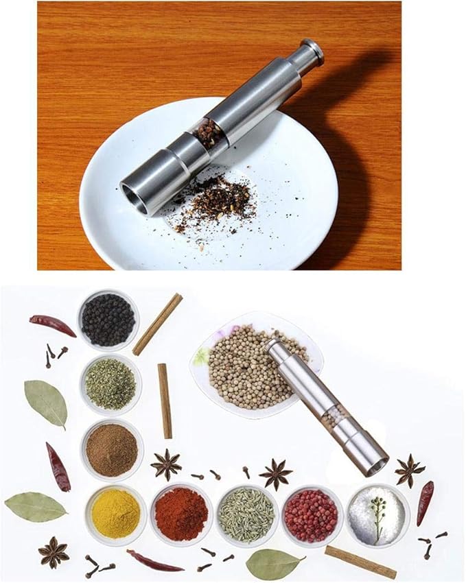 Salt and Pepper Grinder Set of 2,Stainless Steel Push Button Grinder Modern Design Thumb Grinder, for Black Pepper, Sea Salt and Himalayan Salt, Spice and Salt