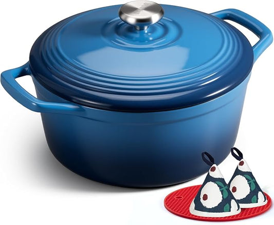 Overmont Enameled Cast Iron Dutch Oven - 5.5QT Pot with Lid Cookbook & Cotton Potholders - Heavy-Duty Cookware for Braising, Stews, Roasting, Sourdough Baking Blue by Overmont