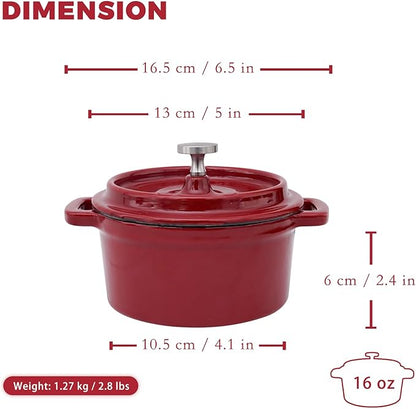 Flavehc Mini Cocotte 16 oz Mini Dutch Oven 0.5 qt. Cast Iron Garlic Roaster for Oven Garlic Confit Pot Ramekins with Lids Oven Safe Set of 2, Red