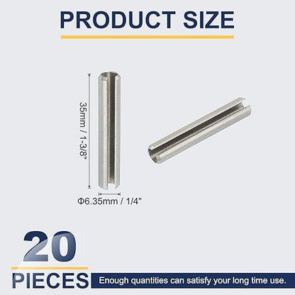PATIKIL Slotted Spring Pin, 20 Pcs 1/4" x 1-3/8" (6.35mm x 35mm) 304 Stainless Steel Split Roll Pins Spring Dowel for Home Improvement Automotive Machine Repair, Silver