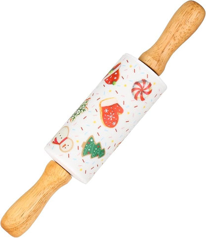 Mini Silicone Rolling Pin for Kids, Non-stick Surface Wood Handle, 9 Inch 1 Pack White Christmas Tree by Honglida