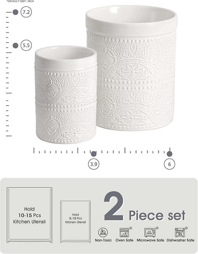 FUN ELEMENTS Kitchen Utensil Holder, 7.2+5.5" Super Large Utensil Crock Heavy and Stable Lace Emboss Ceramic Utensil Holder for Kitchen Counter(2Pcs Bright White) - Image 3