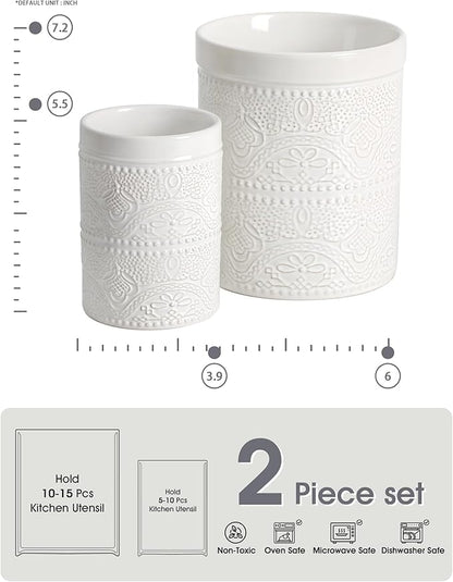 FUN ELEMENTS Kitchen Utensil Holder, 7.2+5.5" Super Large Utensil Crock Heavy and Stable Lace Emboss Ceramic Utensil Holder for Kitchen Counter(2Pcs Bright White) - Image 3