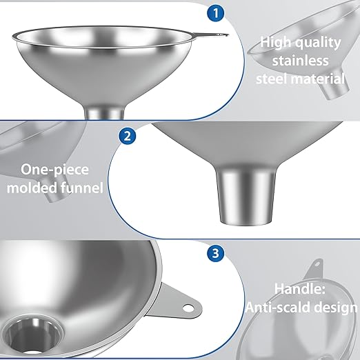 Serinar Stainless Steel Funnel (5.7 in. x 1 in. Mouth) with 30 Mesh Removable Stainless Steel Filter, Food Grade Metal Large Funnel for Kitchen, Liquids, Oils, Powders, Spices, Home Brewing. - Image 3