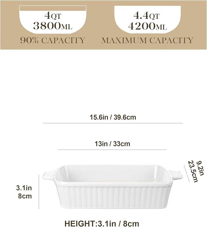 MALACASA 4.4 QT Baking Dish, 9x13 Large Casserole Dish for Oven, Ceramic Baking Pan, Rectangular Lasagna Pan Deep with Handles for Baking, Durable Microwave Oven Safe, Wedding Gift,White, Series BAKE-BAKE - Image 2