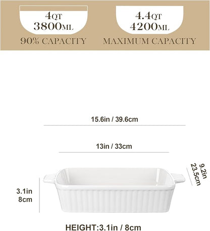 MALACASA 4.4 QT Baking Dish, 9x13 Large Casserole Dish for Oven, Ceramic Baking Pan, Rectangular Lasagna Pan Deep with Handles for Baking, Durable Microwave Oven Safe, Wedding Gift,White, Series BAKE-BAKE - Image 2
