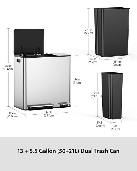 Lovewind Double Trash Can Kitchen, 13+5.5 Gallon Stainless Steel Dual Trash and Recycle Bin Combo with Silent Close Lid, Heavy-Duty Foot Pedal, Easy to Clean Garbage Can for Large Families, Silver