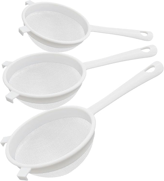 3 Pcs Plastic Nylon Fine Mesh Kefir Strainer Set with Handle, Sieve Fine Mesh Colander Flour Sifter for Yogurt Baking Kitchen Kefir Tea Juice Pasta