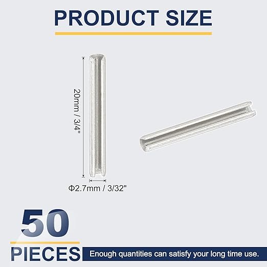 PATIKIL Slotted Spring Pin, 50 Pcs 3/32" x 3/4" (2.7mm x 20mm) 304 Stainless Steel Split Roll Pins Spring Dowel for Home Improvement Automotive Machine Repair, Silver