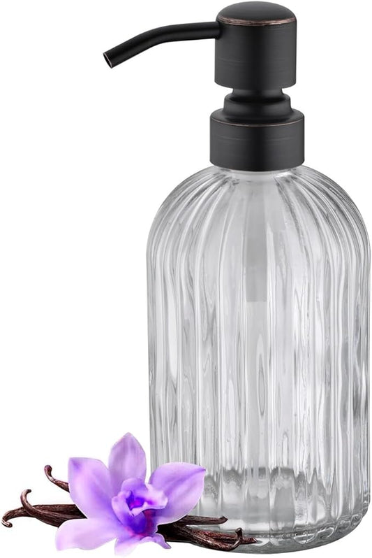 16Oz Clear Glass Soap Dispenser with Rust Proof Bronze Stainless Steel Pump, Refillable Bathroom Soap Dispenser with Vertical Stripe, Oil Rubbed Bronze Pump Kitchen Dispensers