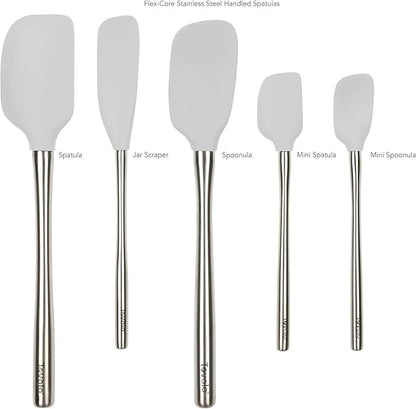 Tovolo Stainless Steel Handled Silicone Spatula Set of 5 Oyster Gray, Dishwasher Safe Kitchen Spatula Set for Cooking Baking, Non Toxic BPA Free Silicone Spatula set with Metal Steel Handle