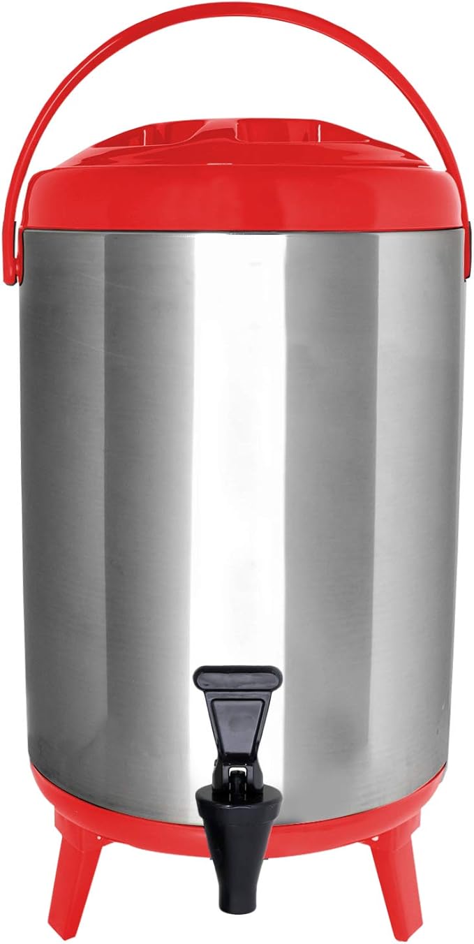 Vollum Stainless Steel Insulated Beverage Dispenser – Insulated Thermal Hot and Cold Coffee Carafe – 8 Liter Drink Dispenser with Spigot for Hot Water, Tea & Coffee, Cold Milk, Juice & More RED