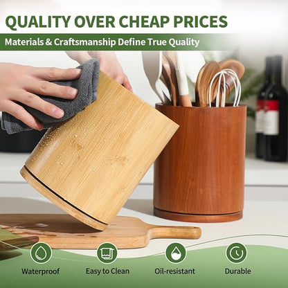 Wooden Utensil Holder, 360°Rotating 7.3'' Large Utensil Holder for Kitchen Counter, Kitchen Utensil Organizer, Utensil Crock, Farmhouse Kitchens Countertop Decor, Bamboo Wood - Image 4