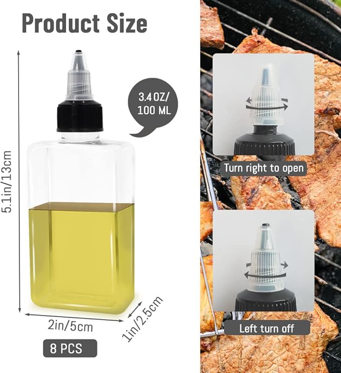 LELE LIFE 8Pcs Small Oil Dispenser Bottle for Camping, 3.4oz Leak-Proof Squeeze Condiment Bottle with Twist Top Cap, Liquid Condiment Container Dispensing Bottles for Oil Soy Sauce Vinegar