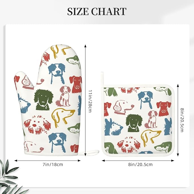 Cute Colorful Dog Puppy Silicone Oven Mitts Pan Mats Set of 2, Heat Resistant Gloves Potholder with Non-Slip Grips Hanging Loops Pot Holder, Spring Summer for Chef Cooking, Baking, Grilling, BBQ