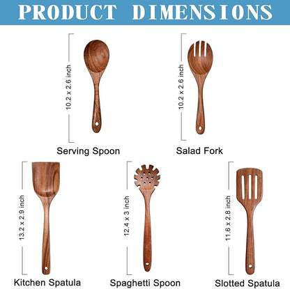 Wooden Spoons for Cooking Non-Stick Kitchen Pan Toolset 5 PCS Set,Natural Kitchen Utensils Spatula, Wooden Cooking Utensils Spoons, Fried Spatula and Salad Fork, Pasta Spoon, Wooden Spoon Set - Image 4