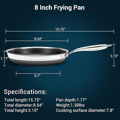8 Inch Tri-Ply Stainless Steel Hybrid Frying Pan, Ceramic Nonstick Skillet, Induction & Oven Safe 600°F, PFAS/PFOA Free Professional Clad Cookware