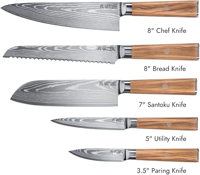 Yatoshi Knives Magnetic Kitchen Knife Block Set - Japanese 67 Layer High-Grade VG-10 Steel Knives, Sharp, Professional Kitchen Knife Set - Damascus (6 pieces), Olive Wood Handles - Image 2