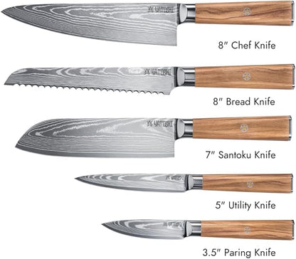 Yatoshi Knives Magnetic Kitchen Knife Block Set - Japanese 67 Layer High-Grade VG-10 Steel Knives, Sharp, Professional Kitchen Knife Set - Damascus (6 pieces), Olive Wood Handles - Image 2