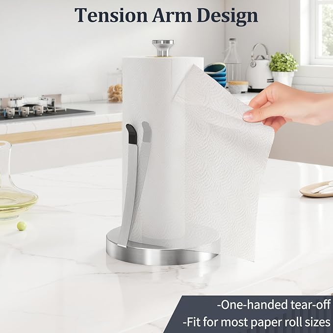 Jesginboo Brushed Nickel Paper Towel Holder for Kitchen, Stainless Steel Tension Arm for One-Handed Tear, Countertop Paper Towel Holder for Bathroom