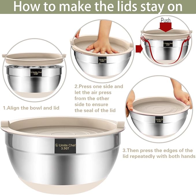 Umite Chef Mixing Bowls with Airtight Lids, 6 piece Stainless Steel Metal Nesting Storage Bowls, Non-Slip Bottoms Size 7, 3.5, 2.5, 2.0,1.5, 1QT, Great for Mixing & Serving (Khaki) - Image 5