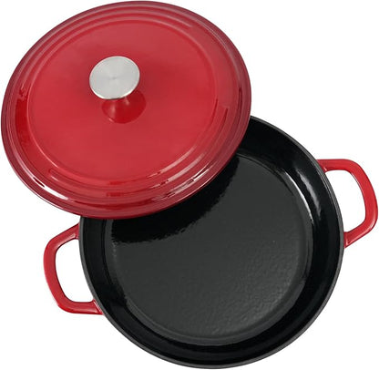 Flavehc Braiser Enameled Cast Iron Braiser 3 qt Braiser Pan with Lid Red Shallow Cast Iron Casserole Braiser Pan with Handels