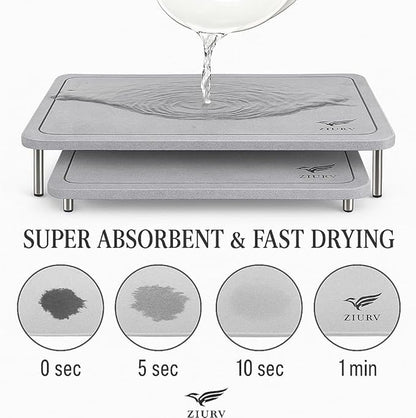6 PCS Stone Drying Mat Set for Kitchen Counter, 2 Large Diatomaceous Earth Dish Drying Mats with Stainless Steel Legs, Dish Rack, Soap Dispenser Set with Tray, Quick Expandable System Dish Dryer Mat
