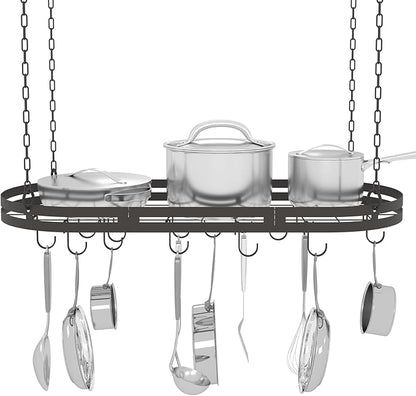 33” Hanging Pot Rack Ceiling Mount, Black Metal Pan Rack Hanging with 15 Hooks, Oval Pots and Pans Hanging Rack, Ceiling Hanging Pot Racks with Grid, Pan and Pot hangers for Kitchen Cookware Utensils