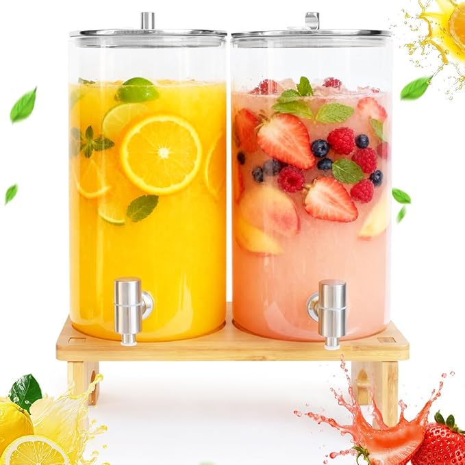 2 Pack 1.5 Gallon Drink dispenser with Stand，Glass Beverage Dispenser With Wood Stand, 18/8 Stainless Steel Spigot and Labels Large Water Drink Dispensers for Parties, Lemonade,Juice, Tea - Image 2