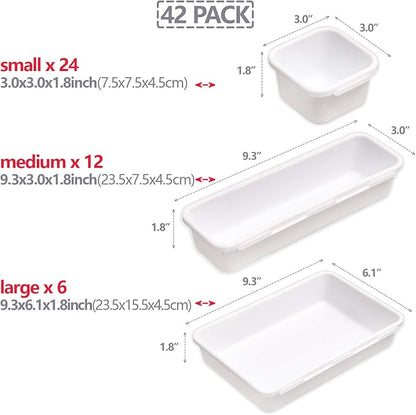 TENABORT 42 Pack Interlocking Desk Drawer Organizer Tray Dividers Plastic Shallow Narrow Drawers Organizers Separators Storage Bins Container for Kitchen Bathroom Makeup Office Vanity Dresser White - Image 2