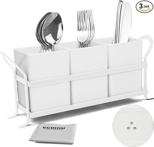 ECOIOU Cutlery Holder with Drain Holes, Silverware Caddy for Party, kitchen counter, 3pcs Bins Set Countertop Utensil Holder for Spoons, Forks and Knives, White by Ecoiou