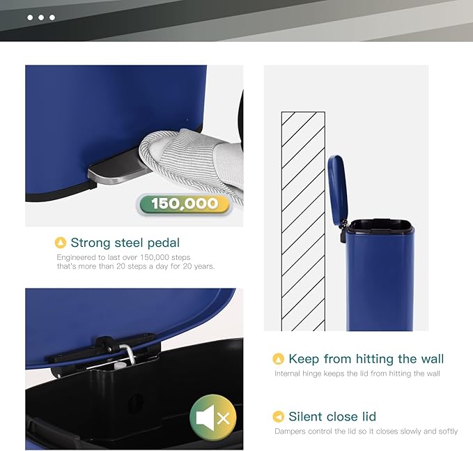 FDW | 13 Gallon Trash Can with Lid | Deep Blue | Fingerprint-Proof | Made of Brushed Stainless Steel | Soft-Close Step Pedal | Hands-Free Use | Easy to Clean | for Kitchen, Office, Bathroom - Image 3