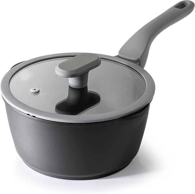 PRICUSIS Nonstick Saucepan with Lid, 2.7 Quart Non Toxic Pot with Pour Spouts, Full Coated, 100% Dishwasher Safe, Induction Compatible & Oven Safe, PFOS & PFOA Free, Black Sesame by PRICUSIS