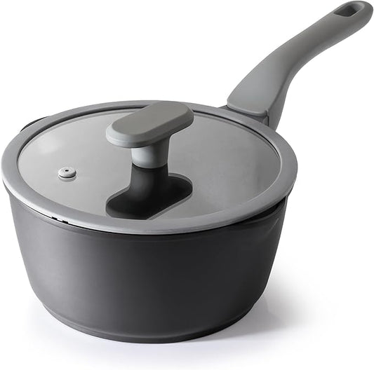 PRICUSIS Nonstick Saucepan with Lid, 2.7 Quart Non Toxic Pot with Pour Spouts, Full Coated, 100% Dishwasher Safe, Induction Compatible & Oven Safe, PFOS & PFOA Free, Black Sesame by PRICUSIS