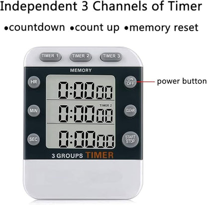 Digital Dual Kitchen Timer for Cooking, 3 Channels Count Down/up Triple Multi Timers for Food, Magnetic Memory-Preset Large-Display Adjustable Alarm Volume, 3A Battery Included - Image 3