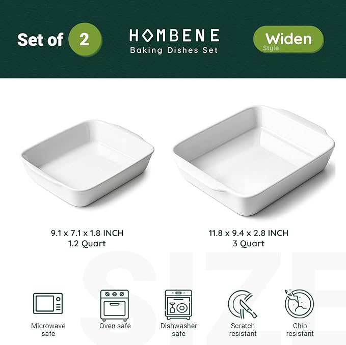 HOMBENE Casserole Dish Set for 2,Ceramic Baking Pan, Ceramic Baking Dish, Bakeware for Baking, Kitchen Decor, Microwave Oven Safe,Kitchen Decor (1.2QT/3QT) - Image 2