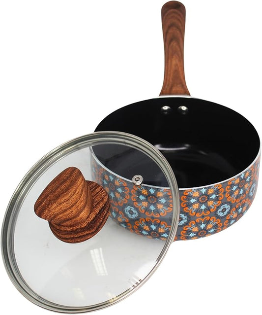 IMUSA 1.5 Quarts Talavera Nonstick Saucepan with Lid, Wood Look and Soft Touch Handle, Ceramic Coated by VisitIMUSA