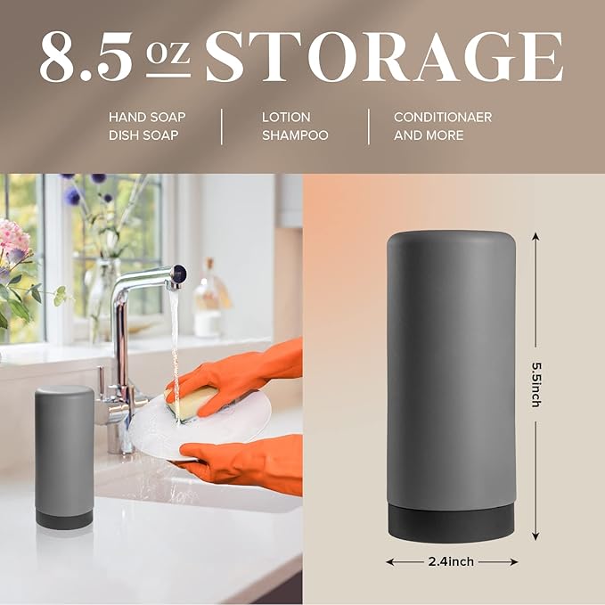 ElmRidge Dish Soap Silicone Dispenser for Kitchen Sink,Squeeze Washing Up Liquid and Hand Soap,Round refillable Silicone Bottles,Easy to Fill and to use, 8.5 oz,Black 2.4 x 2.4 x 5.5 inches (Gray) - Image 3