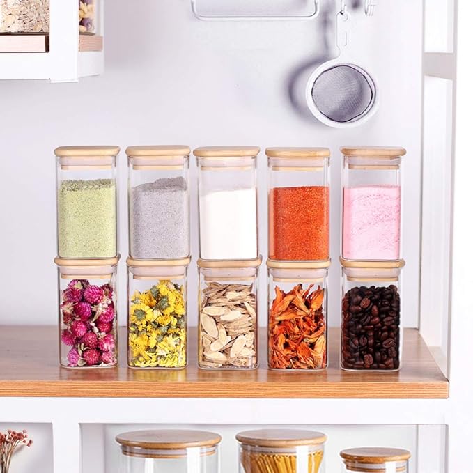 Tzerotone 10 Pcs Glass Spice Jars - 8oz Empty Square Spice Storage Containers With Bamboo Airtight Lid and Labels - Thicken Small Glass canister for Kitchen Seasoning,Coffee Bean,Tea,Suger,Herbs - Image 2