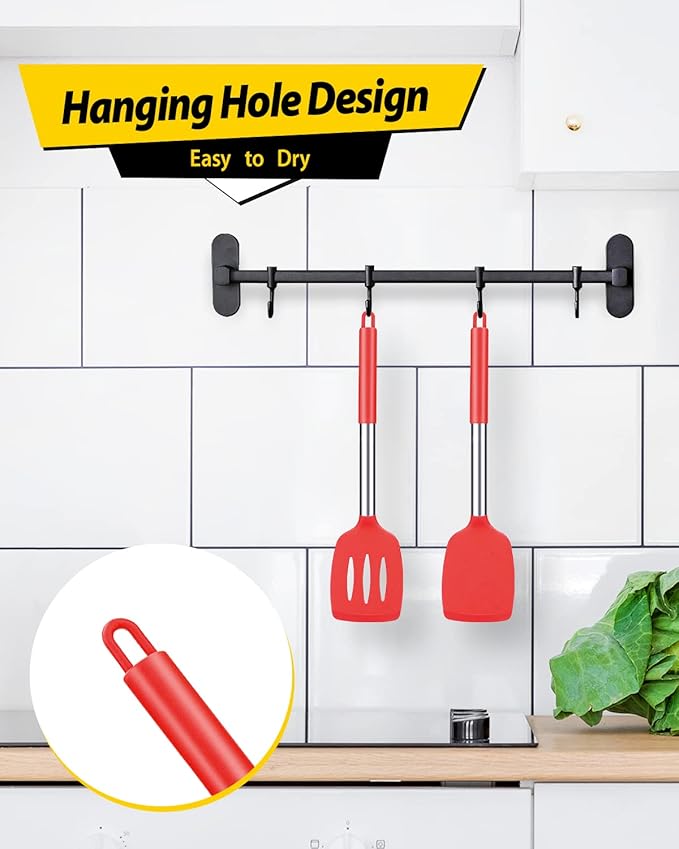 Pack of 2 Silicone Solid Turner, Non Stick Slotted Kitchen Spatulas, High Heat Resistant BPA Free Cooking Utensils, Ideal Cookware for Fish, Eggs, Pancakes(Red) - Image 4