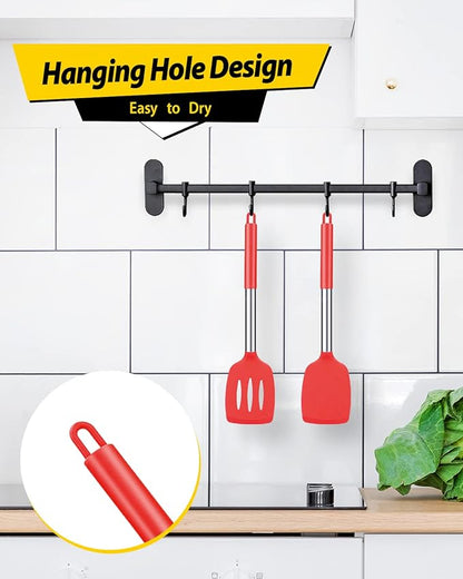 Pack of 2 Silicone Solid Turner, Non Stick Slotted Kitchen Spatulas, High Heat Resistant BPA Free Cooking Utensils, Ideal Cookware for Fish, Eggs, Pancakes(Red) - Image 4