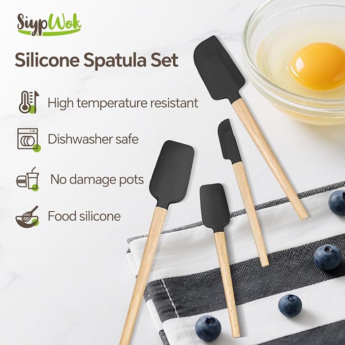 Silicone Spatula Set, Food Grade Rubber Spatula-4 Piece Nonstick Rubber Spatulas, Spoonula, Jar Scraper for Cooking, Baking, Mixing, Frosting - Heat Resistant Up to 600°F (4 Pcs Spatula Black) - Image 5