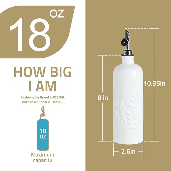 Sweejar 18 Oz Oil Dispenser for Kitchen with Gravity Spout, Ceramic Olive Oil Dispenser Bottle, Relief Opaque Vinegar Container for Evoo, Vinegar, Soy Sauce, Pack of 1(Beige, Gold Spout) - Image 4