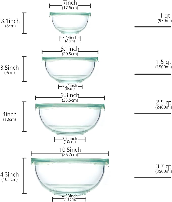 Luvan Glass Mixing Bowl with Airtight Lids, (1QT, 1.5QT, 2.5QT, 3.7QT), 8-piece Kitchen Salad Bowls Clear Nesting Big Cooking Bowl, Microwave Oven Safe for Meal Prep,storage,Baking,Serving - Image 2