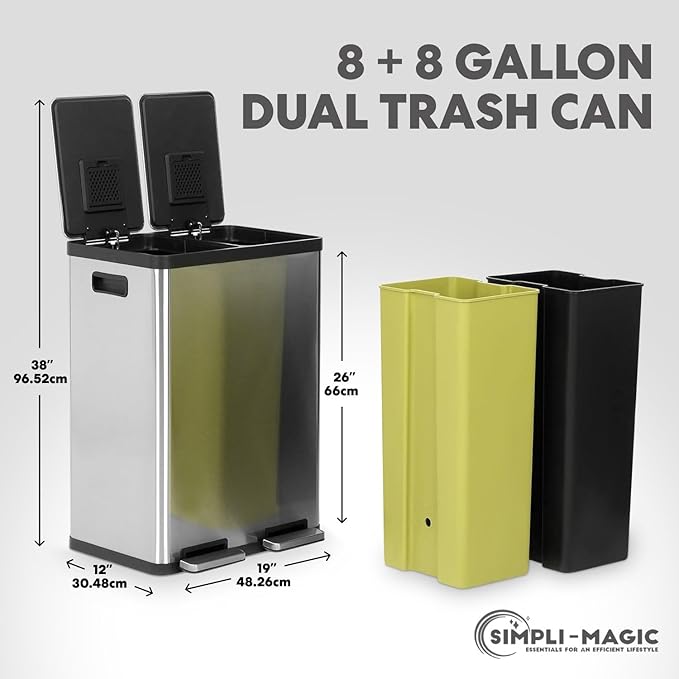 Simpli-Magic 16 Gallon (30L x 30L) Dual Compartment Step Trash Can – Kitchen Garbage Can with Slow-Close Lids – Waste & Recycling Bins, Odor Control, Hands-Free, Easy to Clean, Stainless Steel - Image 5