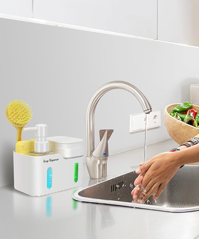 Hand Soap and Dish Soap Dispenser Set for Kitchen, Dual Soap Dispenser with Sponge Holder and Dishcloth Holder 4-in-1 Organizer for Kitchen Sink Countertop, Useful Kitchen Gadgets (White) - Image 5